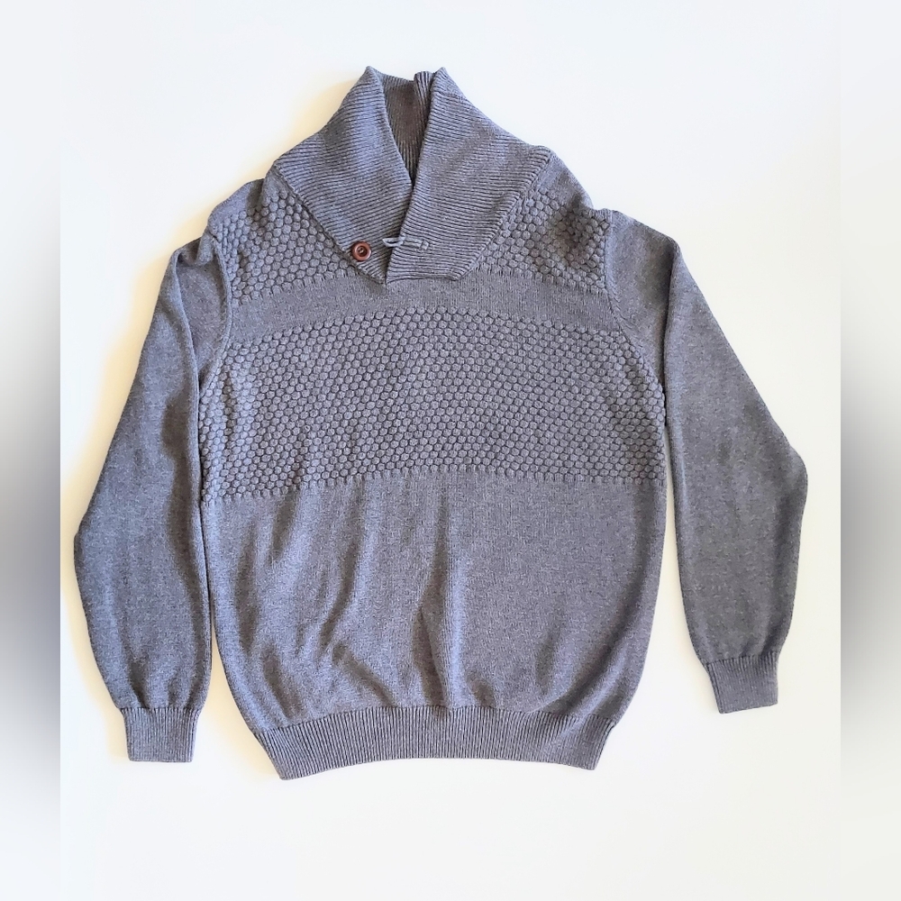 British Khaki Shawl Button Collar Pullover Cotton Sweater Gray Mens Size Large